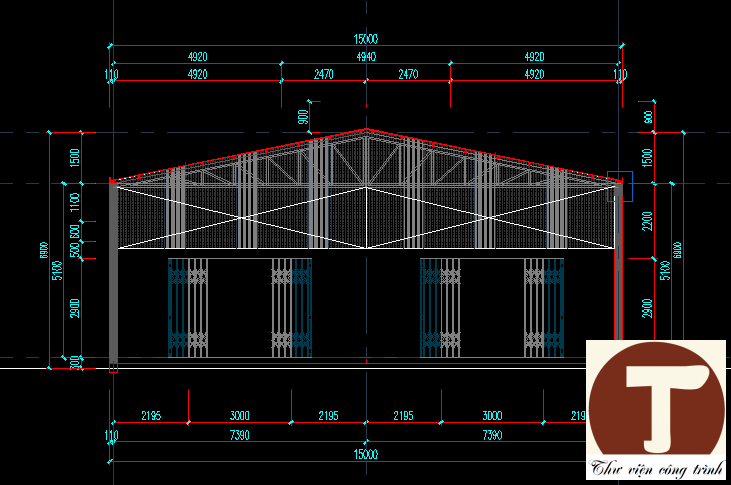 Mặt đứng công trình nhà xưởng khung liên hợp 15x18m